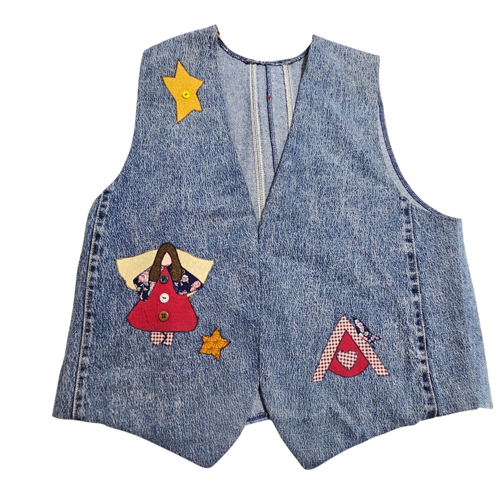 Gitano Vintage Denim Repurposed Vest Blue Acid Wash Angel Heart Applique Lined